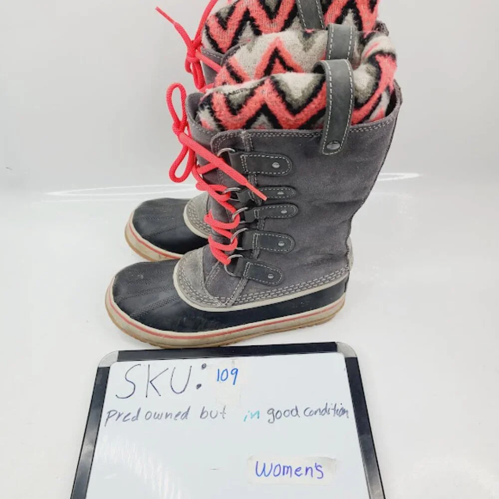 Sorel Women's Gray Pink Joan Of Arctic Leather‎ Mid-Calf Winter Snow Boot Sz 7.5